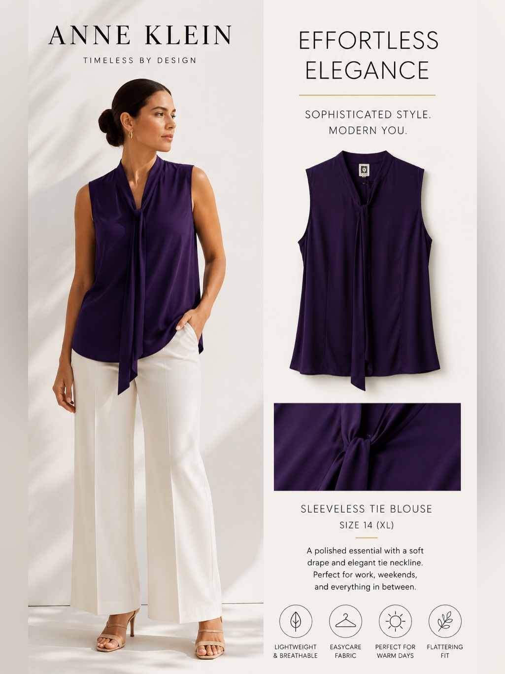 Anne Klein Sleeveless Tie Blouse Size 14 Xl